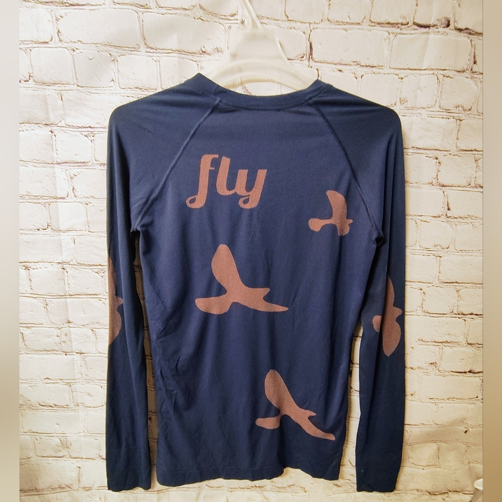 oiselle Navy Blue Long Sleeve Tee with Pink Bird Print - Picture 2 of 12
